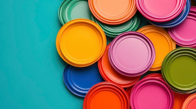 Colorful Plastic Plates on a Blue Background