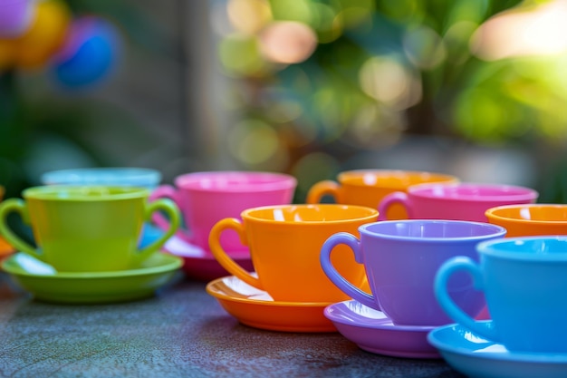 Photo colorful plastic tea cups for kids play