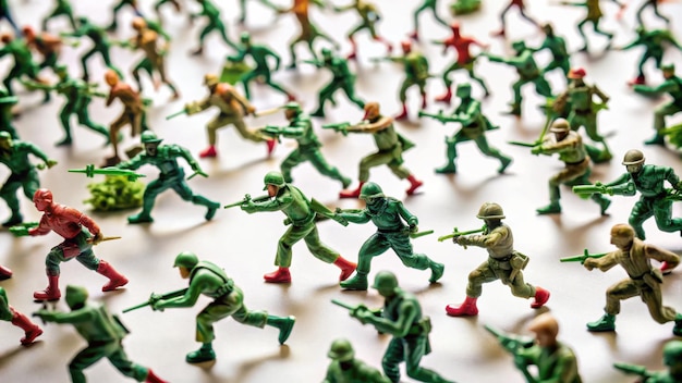 Photo colorful plastic toy soldiers in battle formation