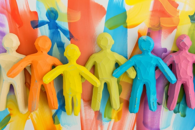 Colorful plasticine figures on rainbow background symbolizing diversity and unity 3d render