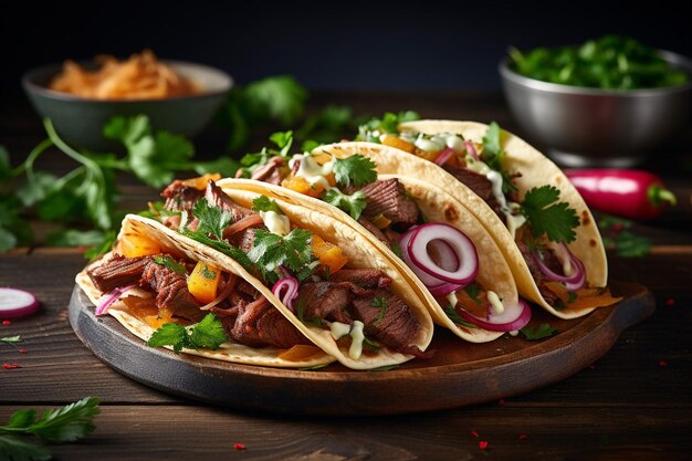 Colorful plate of carne asada tacos with cilantro and onions