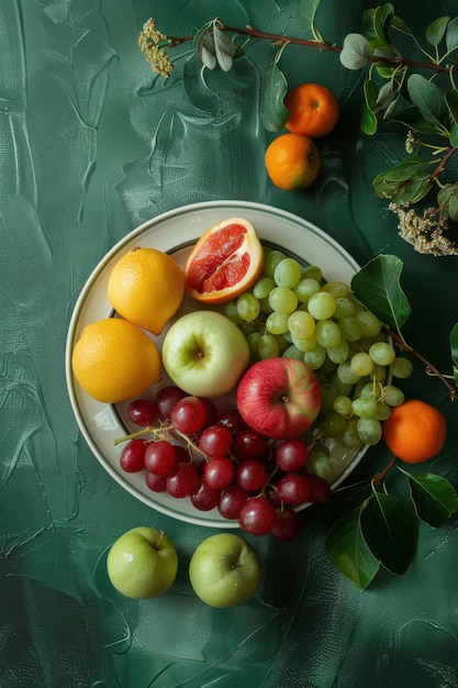 Photo a colorful plate filled with various fruits is sitting on a green table