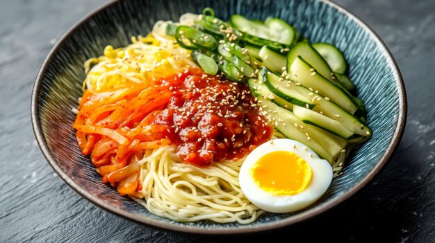 A colorful plate of Korean bibim naengmyeon cold noodles with spicy sauce vegetables and a boiled egg arranged neatly to showcase the refreshing and tangy flavors of the dish