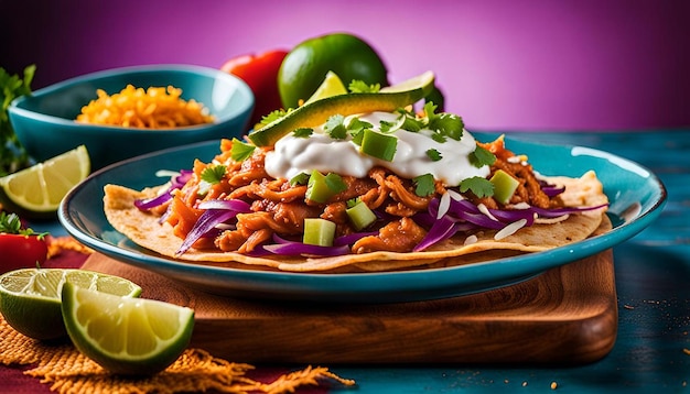 Photo colorful plate of mexicanstyle tinga tostadas with shredded chicken