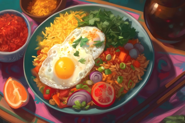 A colorful plate of nasi goreng illustrated with vibrant veggies and spices Generative AI