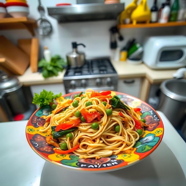 Photo colorful plate of vegetable and noodle stir fry