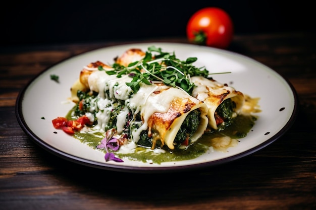 Colorful plate of vegetarian enchiladas with spinach and cheese