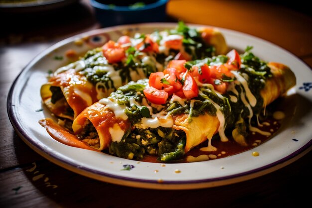 Colorful plate of vegetarian enchiladas with spinach and cheese