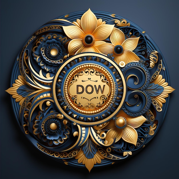 a colorful plate with a gold flower on it