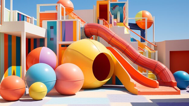 a colorful play area with a slide and slide with a slide in the background