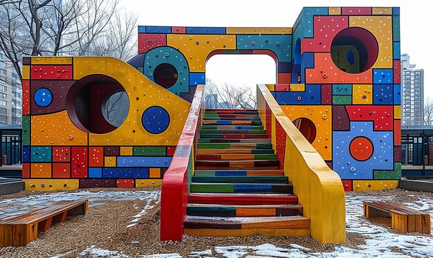 a colorful play structure with a letter  on it