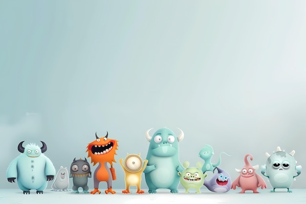 Colorful and playful cartoon monsters lined up in a whimsical setting