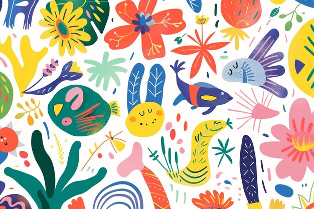 Photo colorful and playful pattern featuring friendly illustrations for design projects