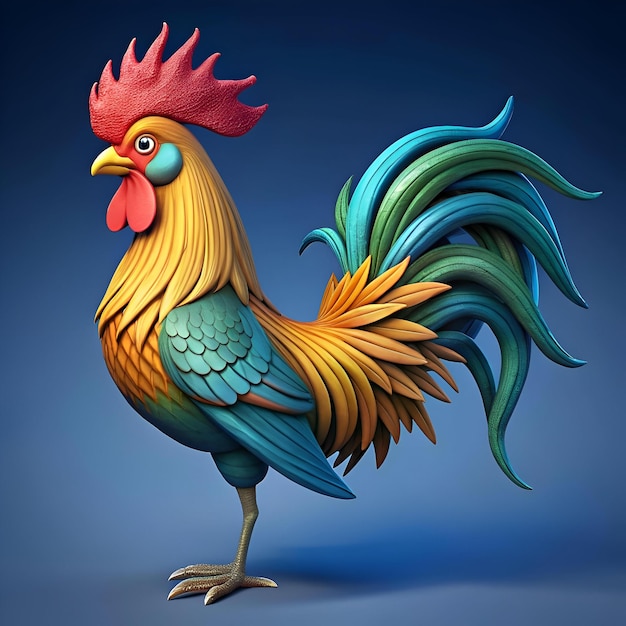 A colorful and playful rooster rendered in a 3D style with a bright blue yellow and red color palette