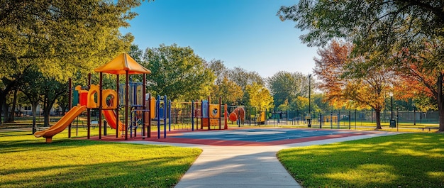 Colorful playground equipment in a park setting with green grass and fall foliage