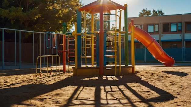 Colorful playground equipment shining in the sunlight ready for childrens playtime