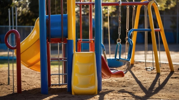 Colorful playground equipment shining in the sunlight ready for childrens playtime