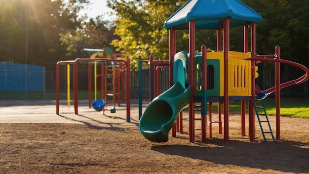 Colorful playground equipment shining in the sunlight ready for childrens playtime