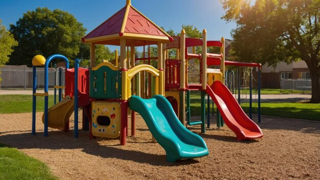 Colorful playground equipment shining in the sunlight ready for childrens playtime