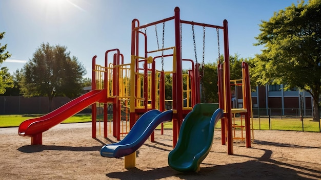 Colorful playground equipment shining in the sunlight ready for childrens playtime