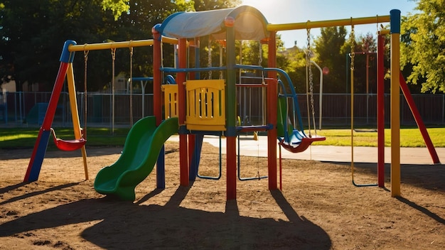 Colorful playground equipment shining in the sunlight ready for childrens playtime