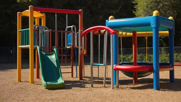 Colorful playground equipment shining in the sunlight ready for childrens playtime