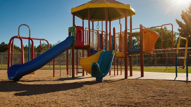 Colorful playground equipment shining in the sunlight ready for childrens playtime