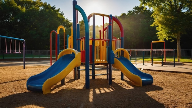 Colorful playground equipment shining in the sunlight ready for childrens playtime