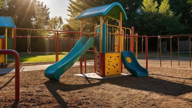 Colorful playground equipment shining in the sunlight ready for childrens playtime