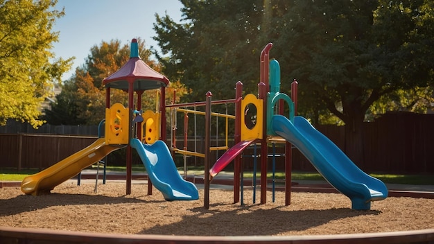 Colorful playground equipment shining in the sunlight ready for childrens playtime