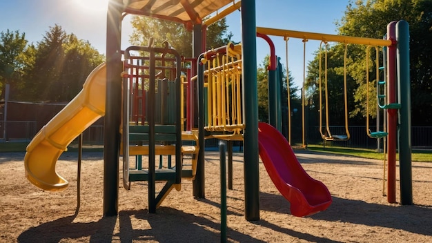 Colorful playground equipment shining in the sunlight ready for childrens playtime