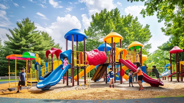 Colorful Playground Equipment with Children Playing