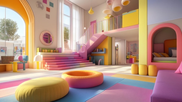 A Colorful Playroom with a Pink Staircase and a Bed Nook