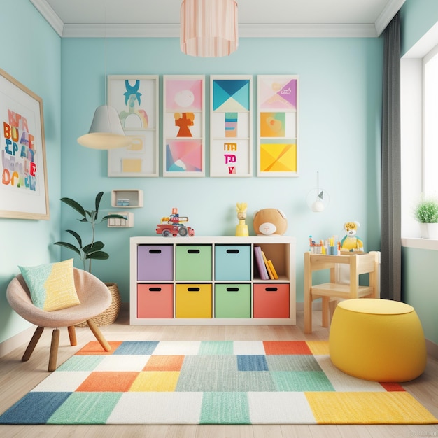 Colorful playroom with storage system and toys and games