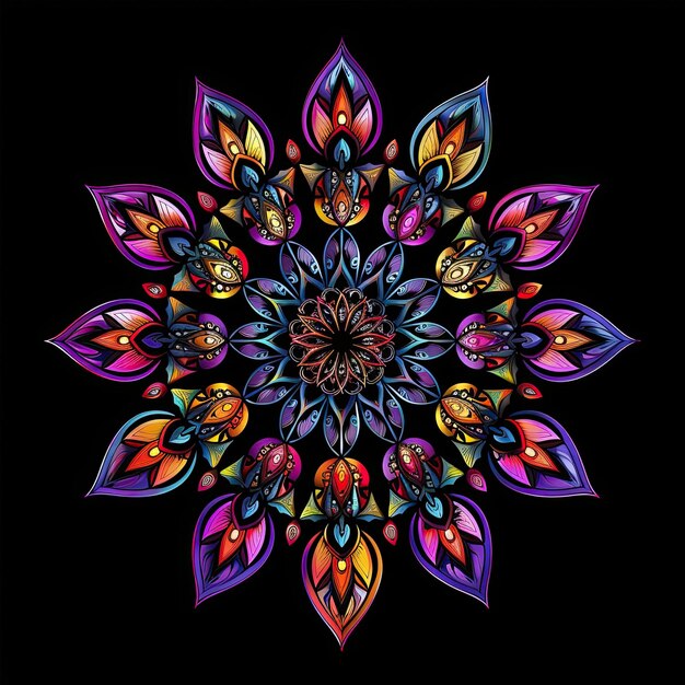 Photo colorful pointy mandala isolated on black background style raw stylize 50 job id 7f32d05f22024ef8b5ee78a8745dcbcd