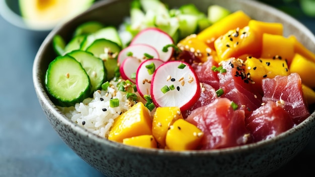 A colorful poke bowl with fresh tuna mango cucumber and radish slices served over rice