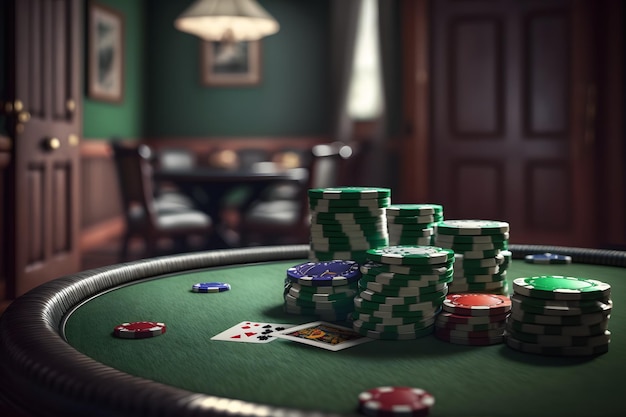 Colorful poker chips on a green table Neural network AI generated