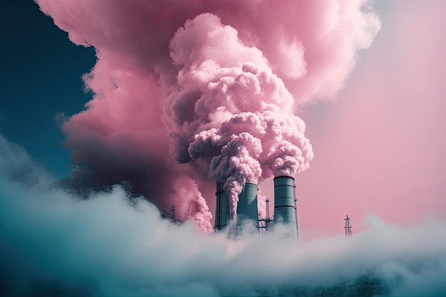 Colorful pollution from manufacturing plants pink smoke Generative AI