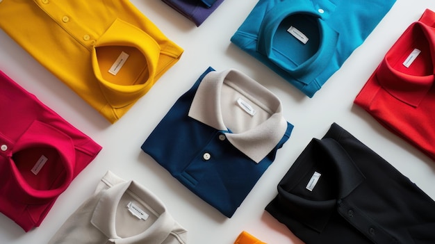 Photo colorful polo shirts folded on white background for clothing website banner