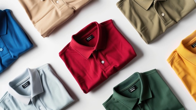 Colorful polo shirts folded on white background