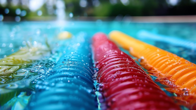 Photo colorful pool noodles submerged in blue water