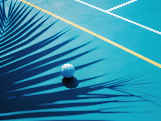 Colorful poolside scene featuring a blue ball near vibrant geometric markings under palm shadows