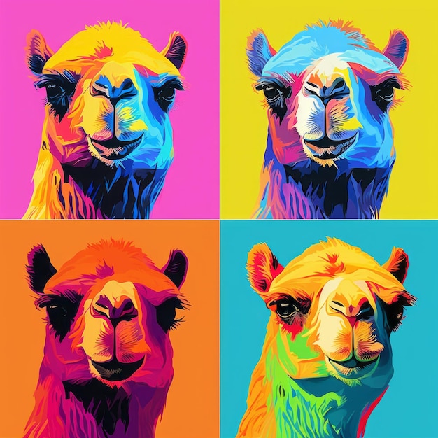 Colorful Pop Art Illustration Three Camels In Andy Warhol Style