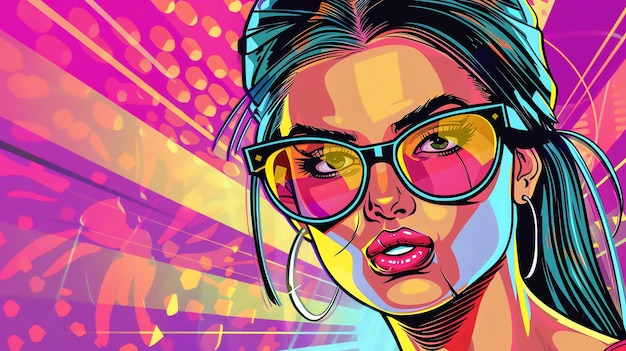 A colorful pop art illustration of a woman wearing sunglasses and looking intensely at the viewer