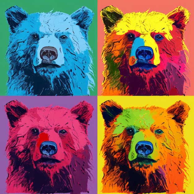 Colorful Pop Art Portraits Of A Brown Bear In Andy Warhol Style