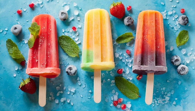 Colorful popsicles on blue background Bright icecream Frozen juice Top view