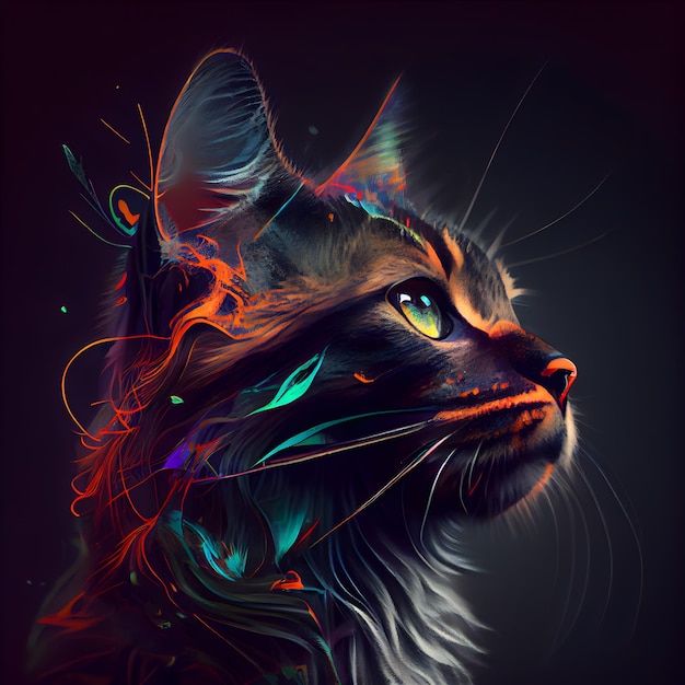 Colorful portrait of a cat with abstract pattern on a black background