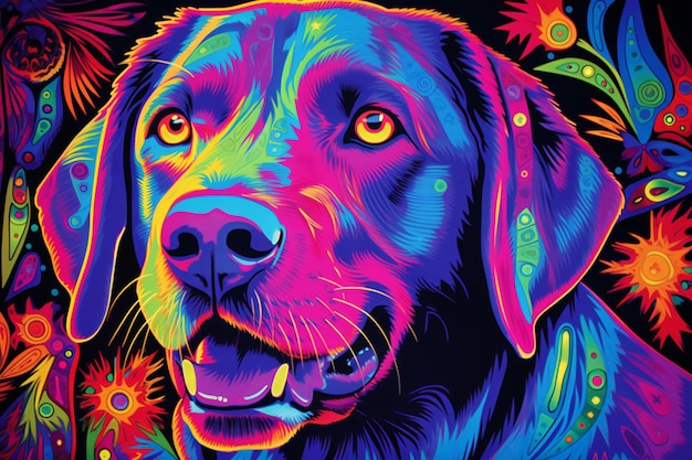 Colorful portrait of a dog with abstract patterns on a black background