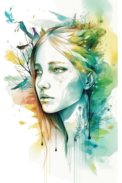 A colorful portrait of a girl with birds on her head.