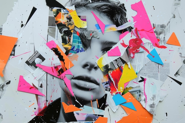 Colorful portrait of a woman made of torn paper and paint splatters